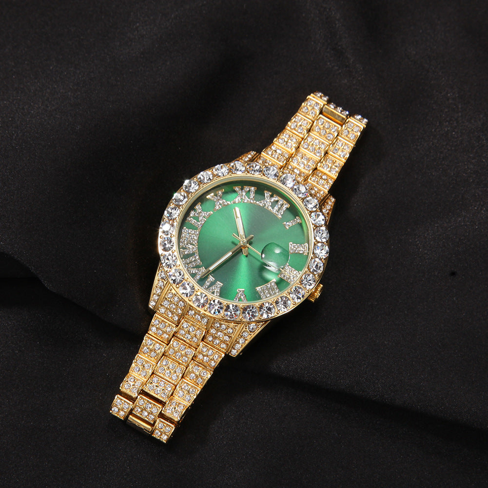 Hip-hop watch with Roman numerals and diamonds, large dial
