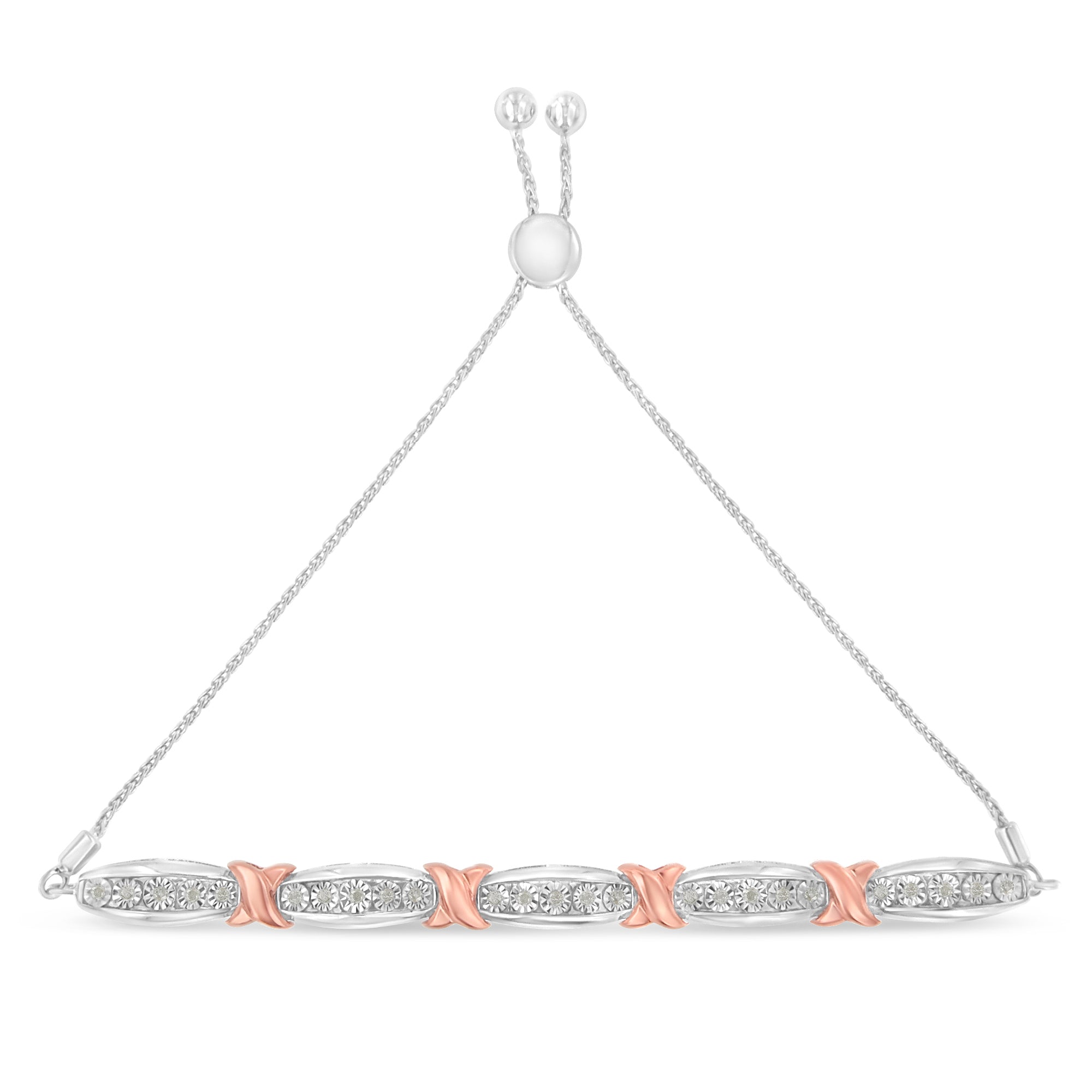 .925 Sterling Silver 1/4 Cttw Round-Cut Diamond X & Tapered Bar Miracle-Set Bolo Bracelet (I-J Color, I3 Clarity) - Two Tone Rose Gold & Silver