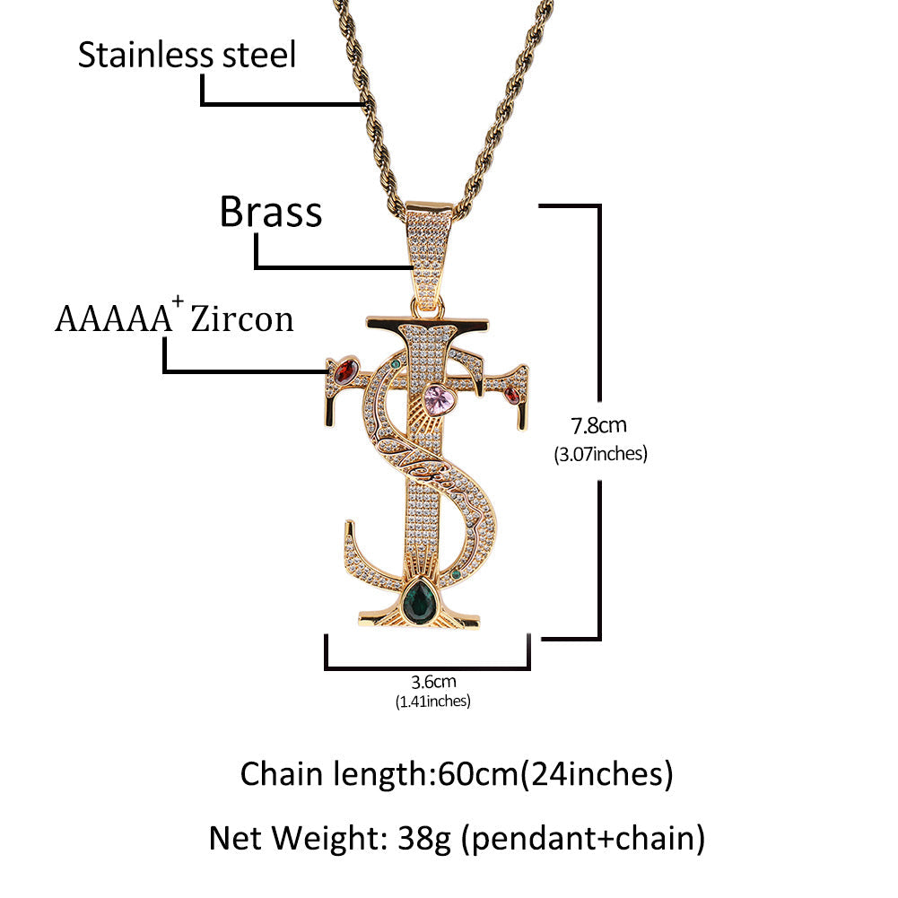 Hip-hop colored zircon TS cross necklace