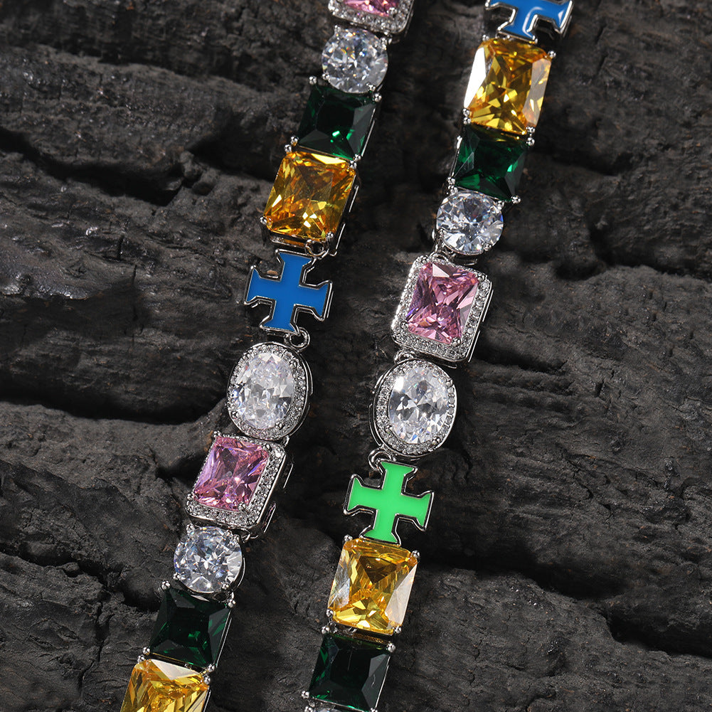 Hip-hop necklace with colorful zircon inlays and a square cross