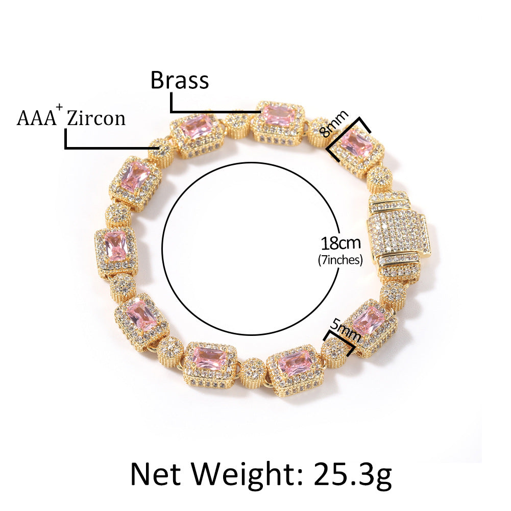 Copper inlaid pink zircon hip-hop bracelet