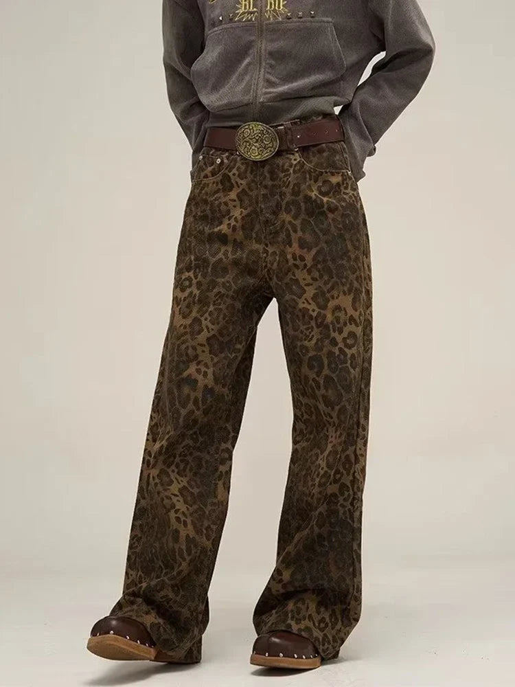 Leopard Print Y2k Jeans Women Oversized Wide Leg Denim Trousers Streetwear
